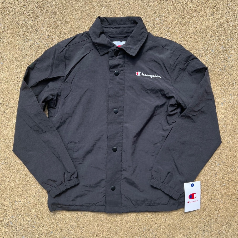 Champion Kids Coaches Jacket Black Nylon Fleece Lined Snap Front Size M 10/12